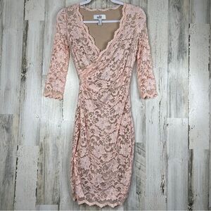 Belle Badgley Mischka Womens Dress Sz 2 Pink V-Neck Ruched Wrap Cocktail Wedding